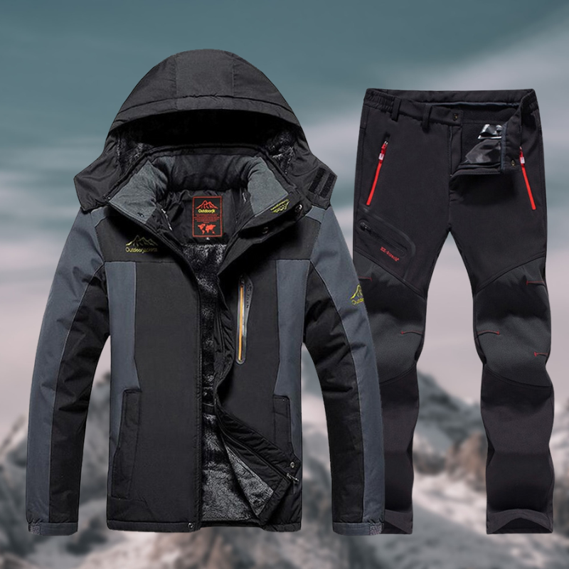 Ensemble hiver imperméable homme, veste et pantalon chaud pour trekking et activités outdoor.