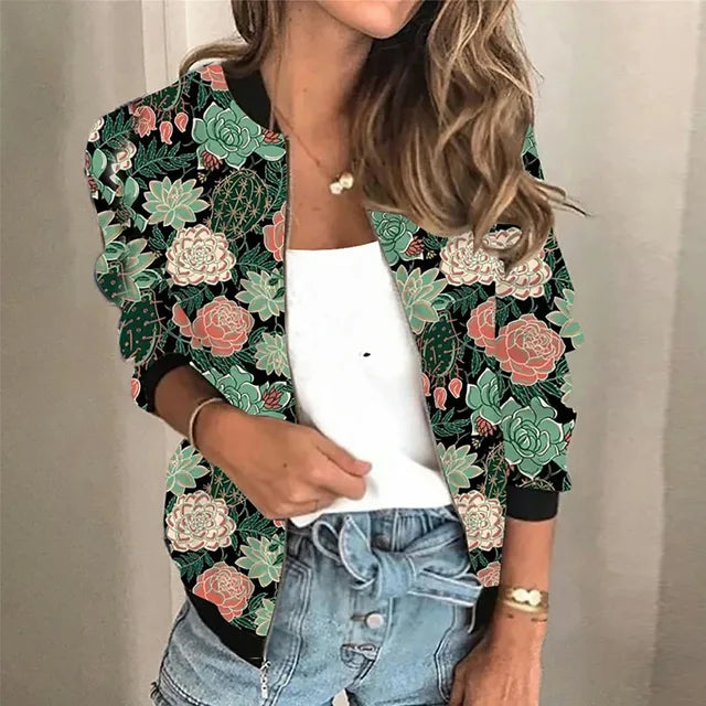 Confortable veste zippée imprimée pour femme, style mode polyvalent et élégant.