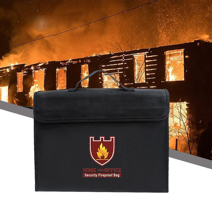 Sac ignifuge et étanche noir pour documents importants, argent et valeurs, idéal pour maison ou bureau.