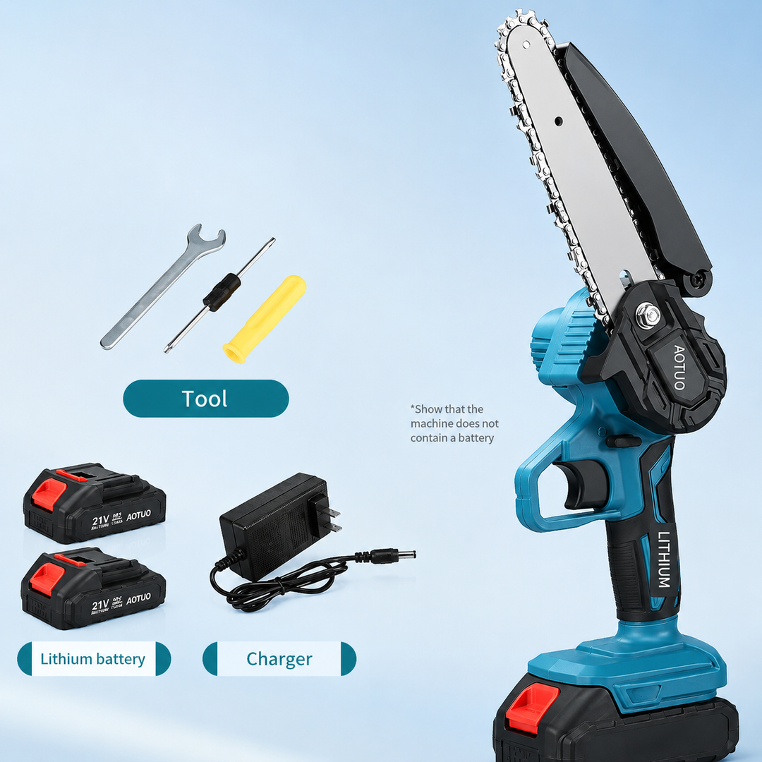 Mini scie électrique sans fil 15cm pour élagage, coupe rapide de branches. Outil de jardinage léger et portable sur batterie.