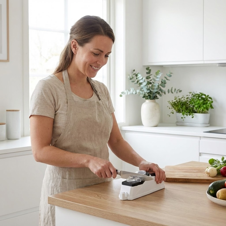Affûteur électrique USB pour couteaux de cuisine, compact, puissant et efficace.