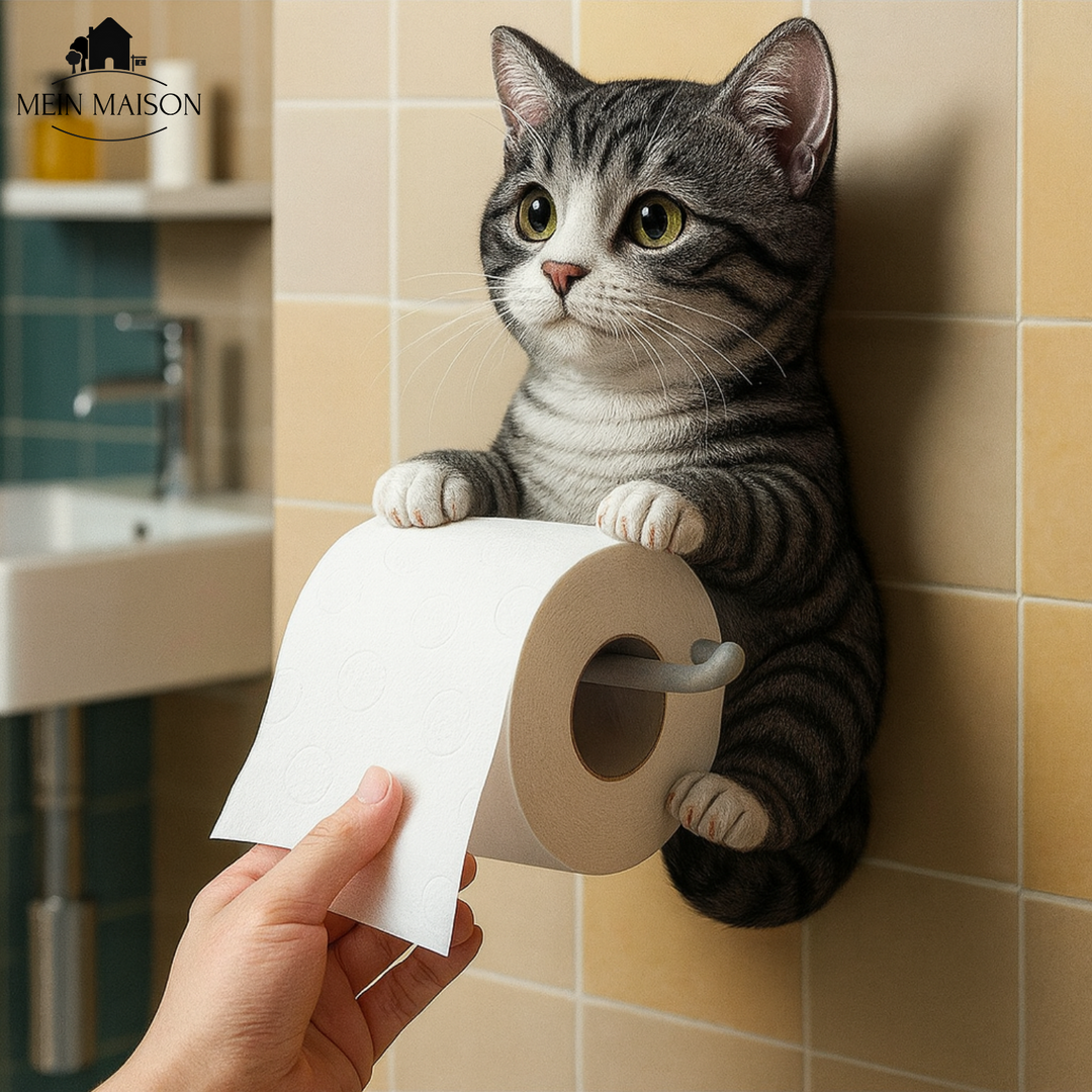 Porte-papier toilette chat mural PurrRoll en résine, design adorable et pratique pour salle de bain.