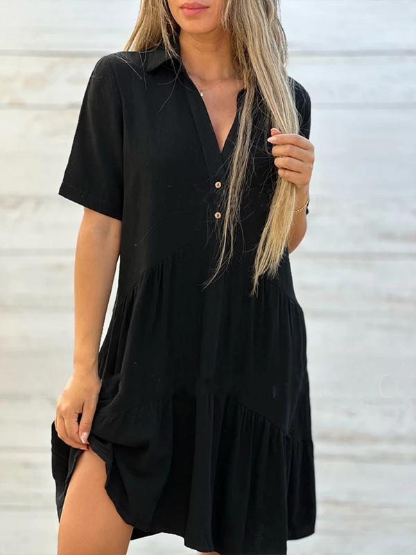 Robe courte femme en lin et coton, coupe ample, col V boutonné, idéale pour l'été décontracté.
