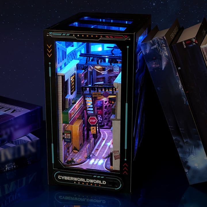Modèle 3D cyberpunk de collection, kit de construction DIY détaillé avec lumières LED, ambiance futuriste.