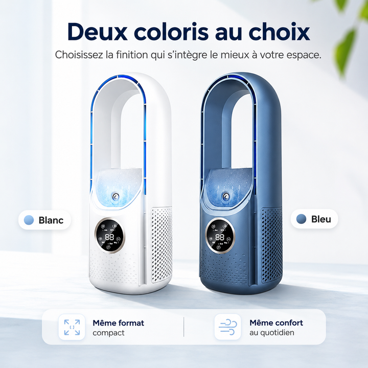 Climatiseur mobile compact avec alimentation USB, pour un air sain et rafraîchi en déplacement.