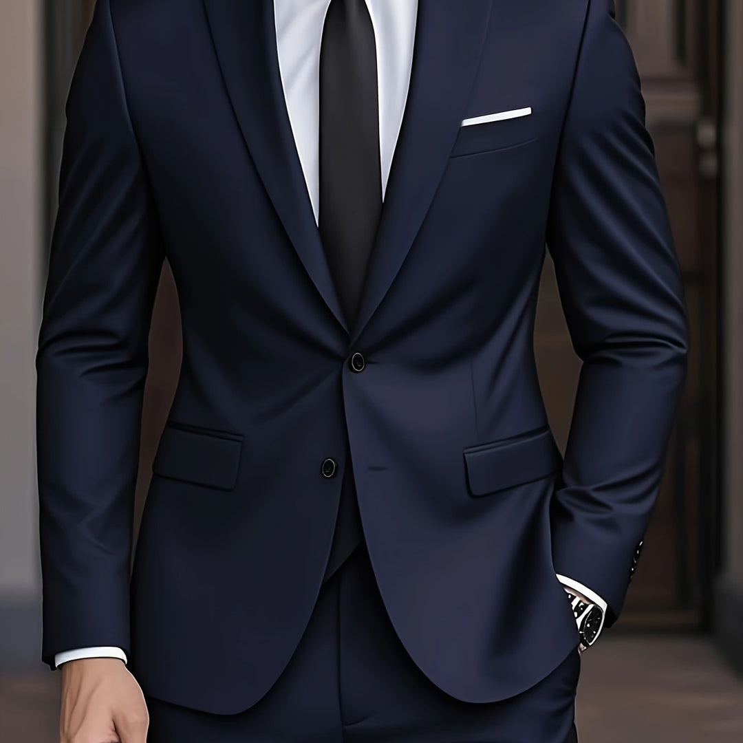 Costume élégant homme deux pièces, bleu marine, mode masculine tendance et chic.