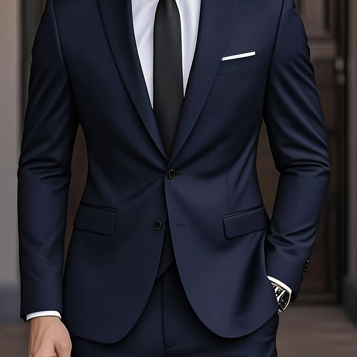 Costume élégant homme deux pièces, bleu marine, mode masculine tendance et chic.