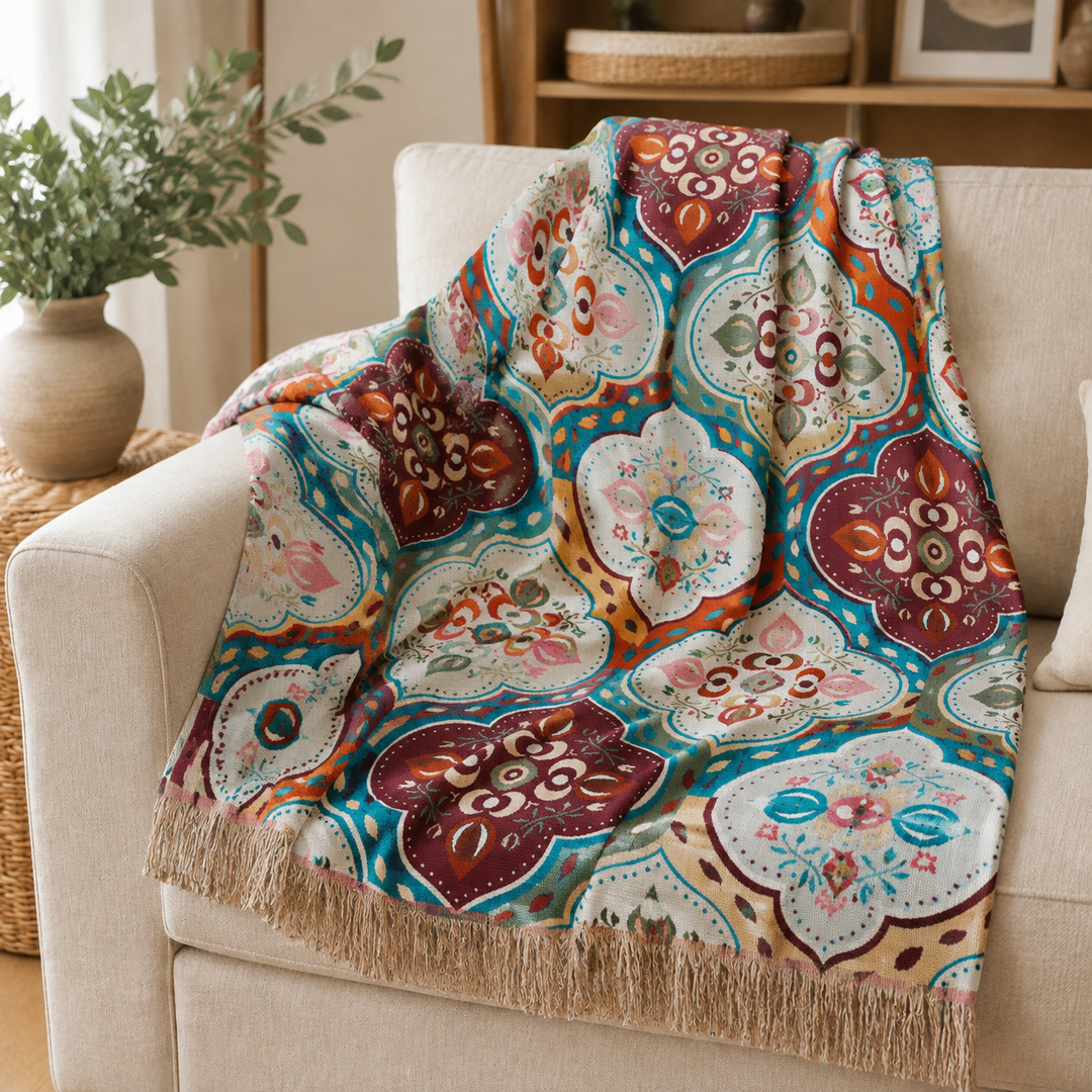 Couverture réversible en coton, motif mosaïque détaillé et pampilles élégantes. Parfait pour une ambiance bohème cosy.