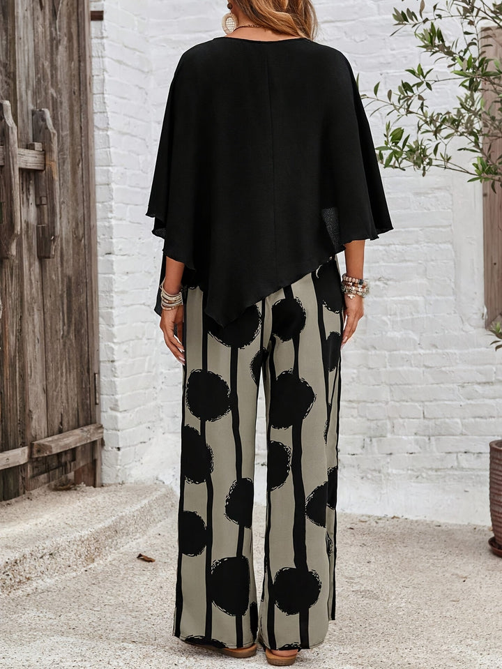 Tenue d'été élégante et décontractée pour femme, ensemble deux pièces bohème: pantalon large et top léger. Idéal vacances.