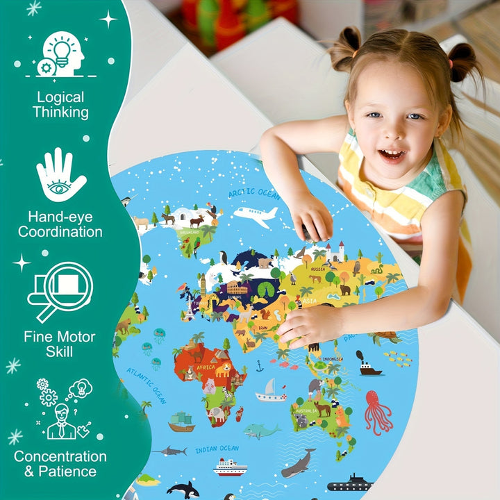 Puzzle éducatif 70 pièces, carte du monde animaux, jeu de sol pour enfants, apprentissage géographique.