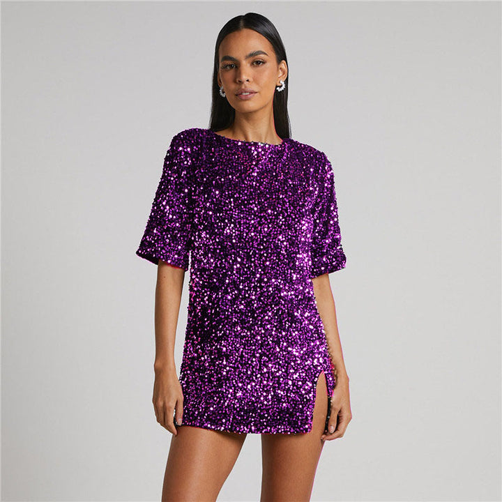 Robe scintillante à paillettes pour femme, mode automne, élégance de soirée, parfaite pour les fêtes.