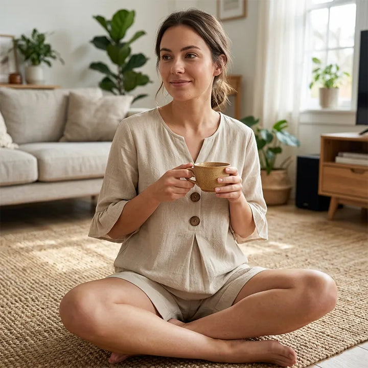 Blouse col V et short femme, ensemble décontracté pour un look estival et confortable.