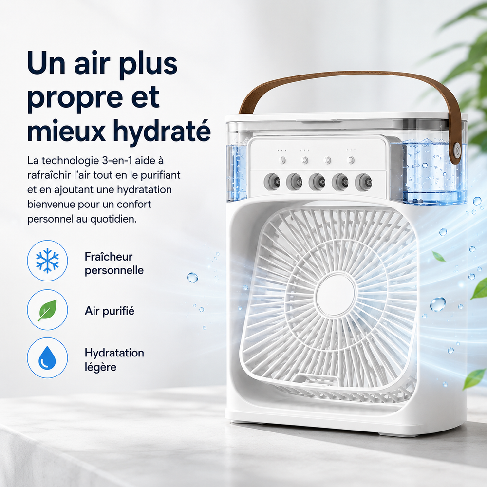 CoolScape, rafraîchisseur d'air portable USB. Fraîcheur optimale pour votre espace personnel, bureau ou maison.
