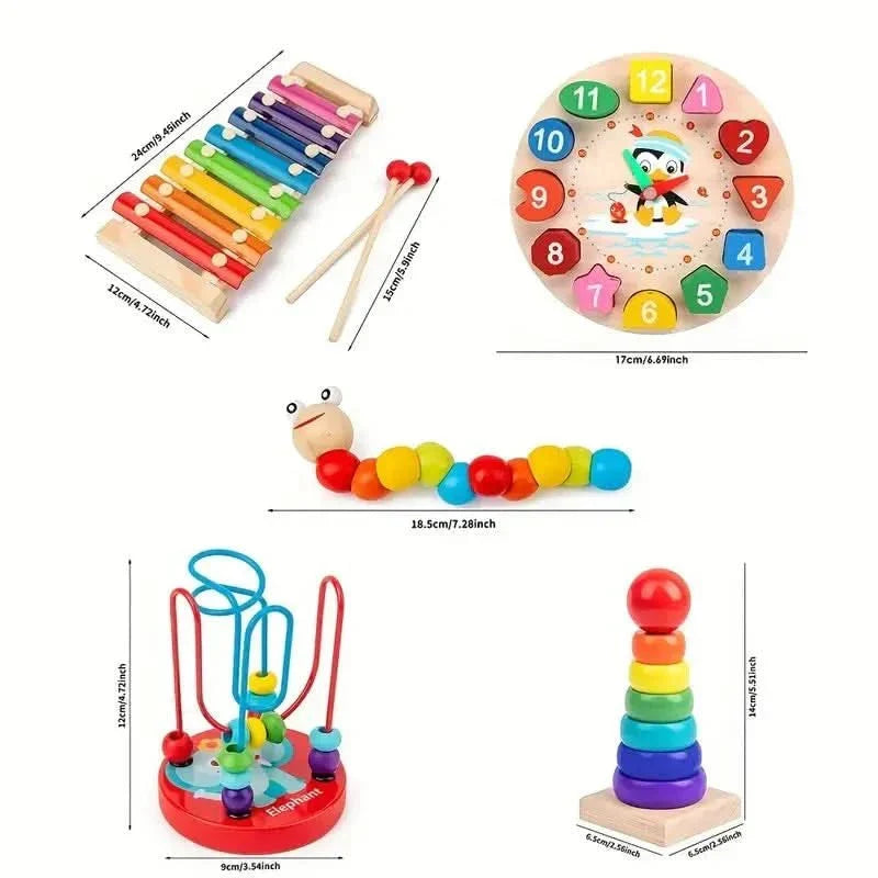 Jouet d'éveil Montessori 5-en-1 en bois pour bébé, favorise apprentissage, créativité et développement.