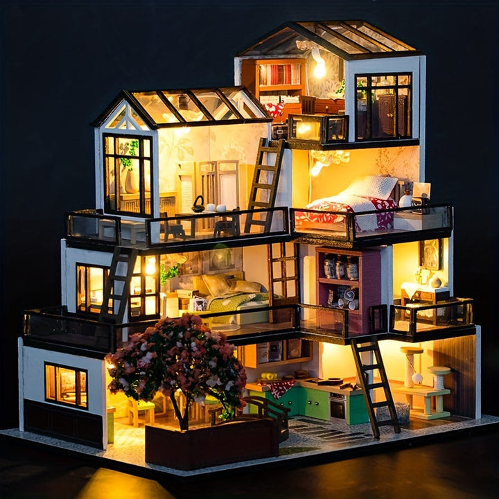 Diorama villa miniature puzzle 3D. Modèle fait main avec éclairage LED, une œuvre d'artisanat délicate.