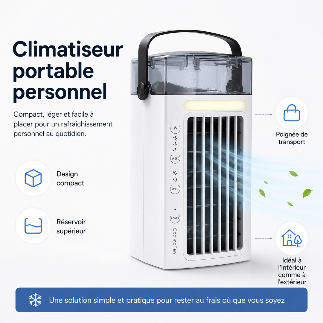Appareil de rafraîchissement personnel pour un été confortable, parfait pour la maison, le bureau ou le camping.