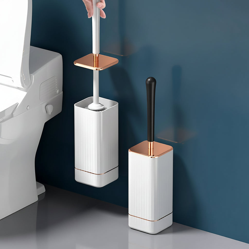 Solution de nettoyage WC innovante, brosse avec support, garantissant une hygiène maximale.