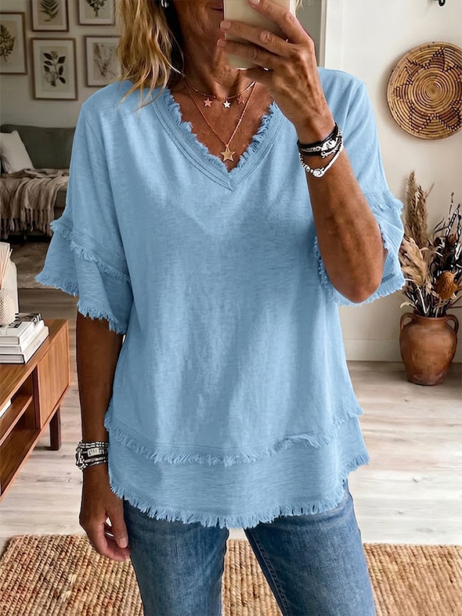 Haut femme en lin blanc, col V élégant, manches courtes, idéal été décontracté chic.