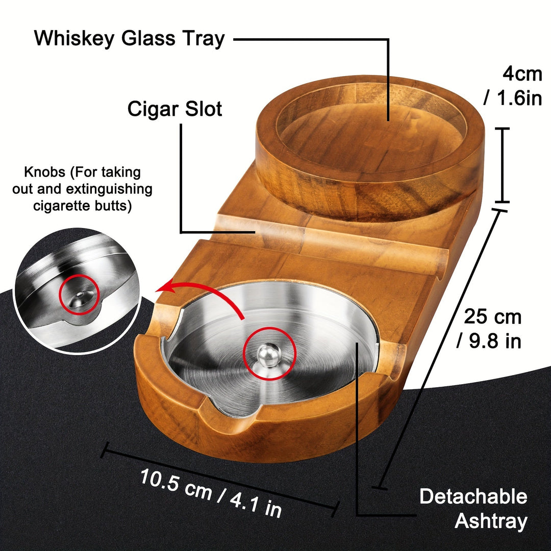 Plateau cendrier à cigares et support verre à whiskey en bois et métal, design raffiné.
