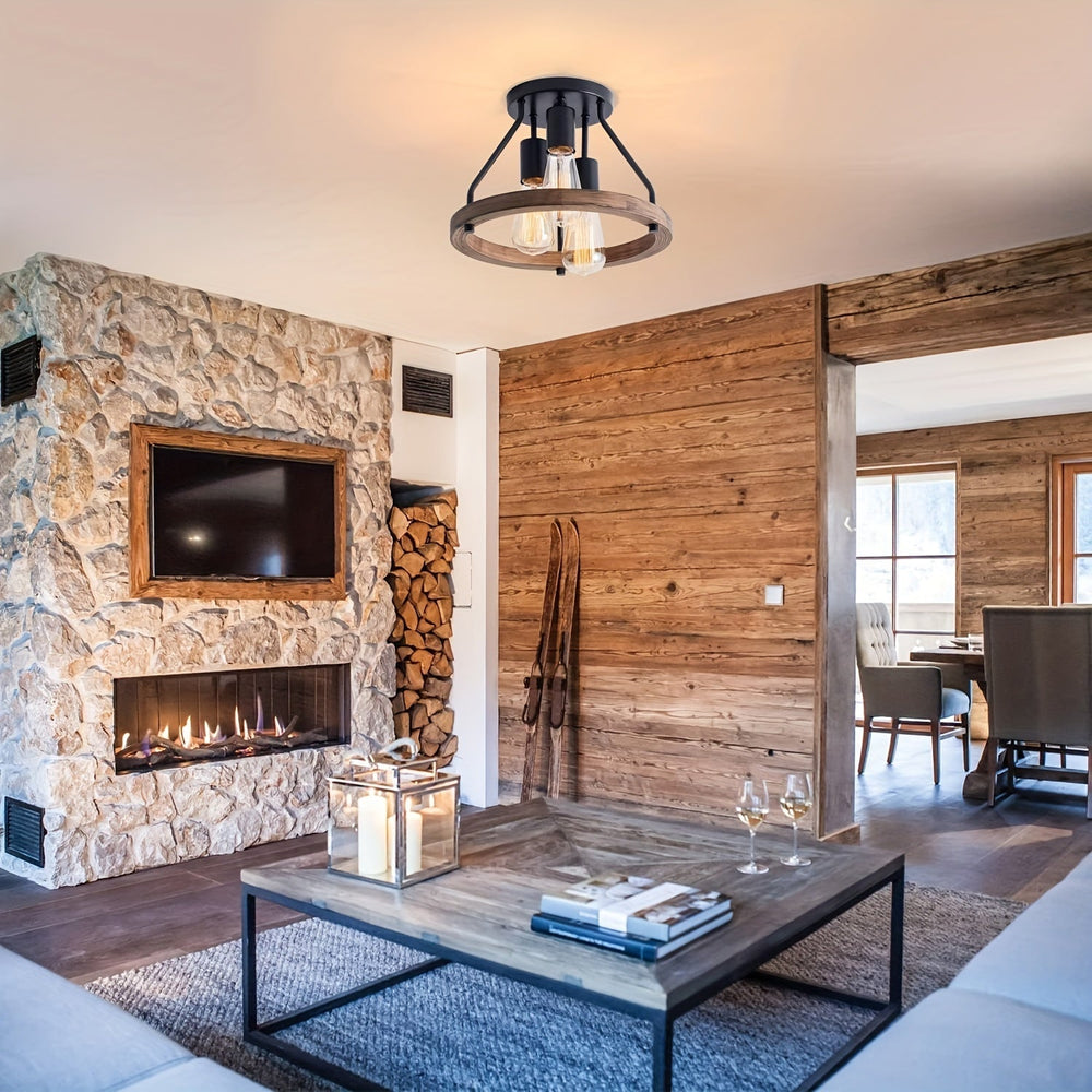 Luminaire de plafond élégant à trois bras, design industriel en bois et métal. Parfait pour un éclairage ambiant.