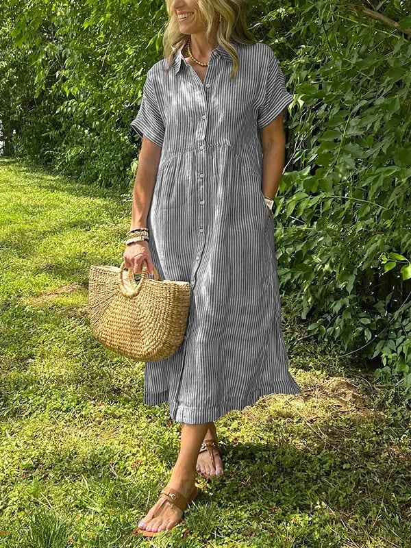 Détail d'une robe chemise longue femme rayée avec boutons et poches latérales, coupe fluide.