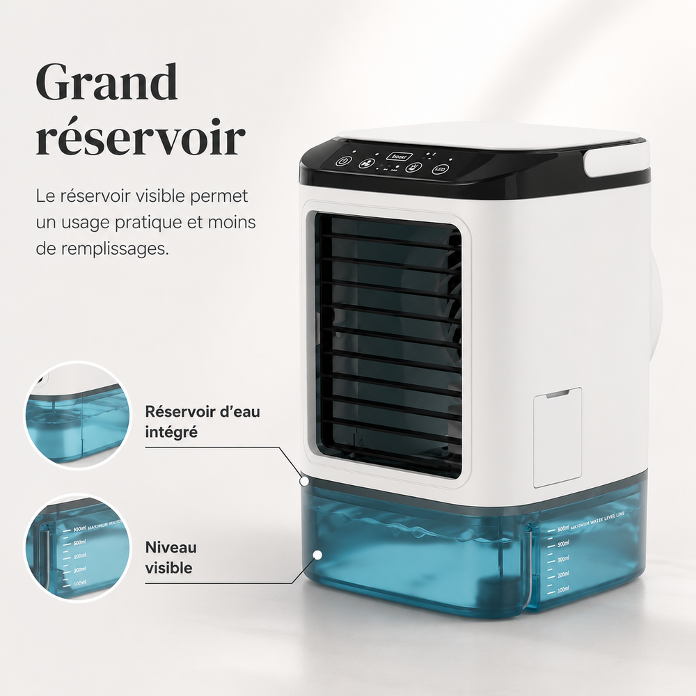 Rafraîchisseur d'air portable USB compact pour bureau, maison ou camping. Léger, facile à transporter.