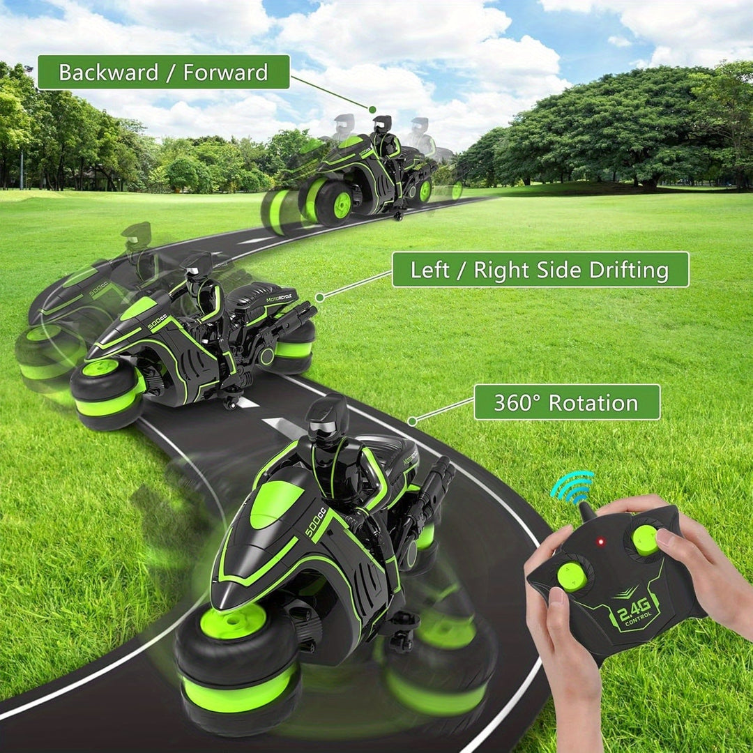 Détail de la moto stunt télécommandée pour enfants, design sportif et capacité de roues 360° pour cascades.