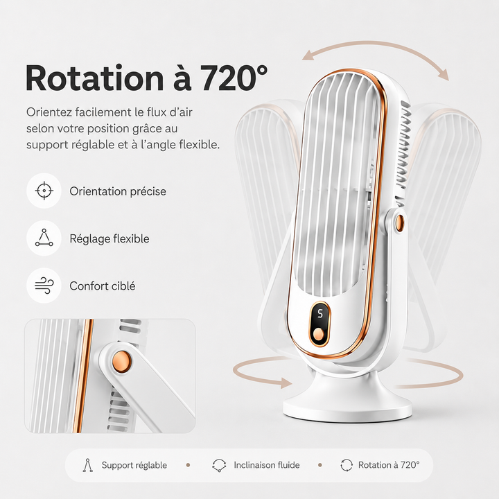 Ventilateur portable AeroLux 720° pour bureau, assure une brise fraîche personnalisée et silencieuse.