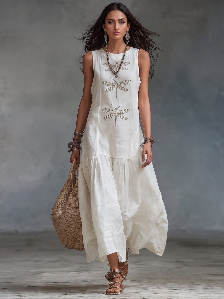 Robe longue en coton lin femme, look bohème chic ou décontracté. Broderie libellule délicate. Parfaite en été.