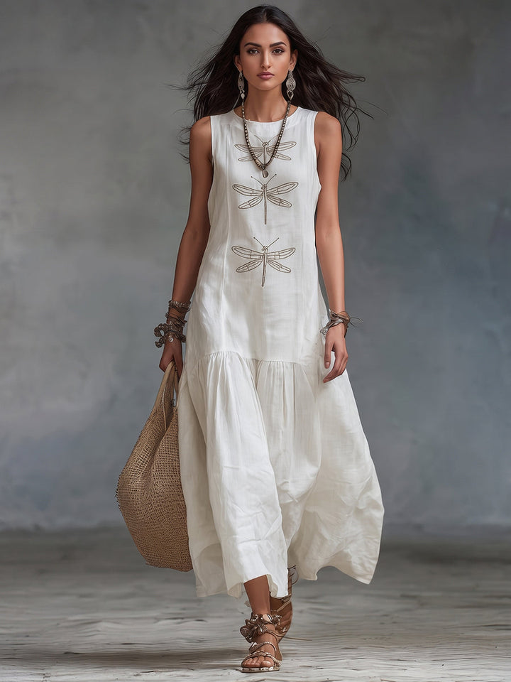 Robe longue en coton lin femme, look bohème chic ou décontracté. Broderie libellule délicate. Parfaite en été.