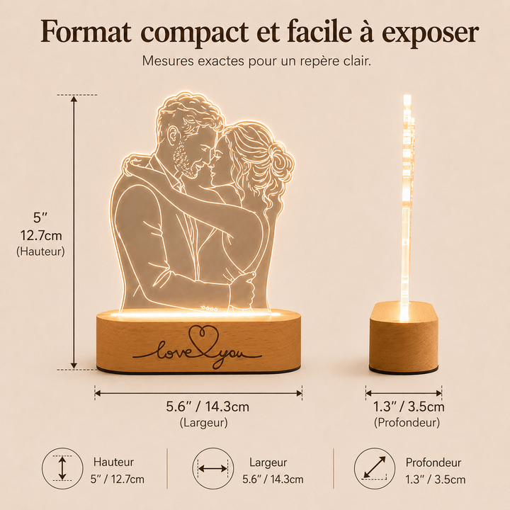 Lampe AuraGlow personnalisée pour couple, photo gravée, souvenir précieux, cadeau romantique d'anniversaire.