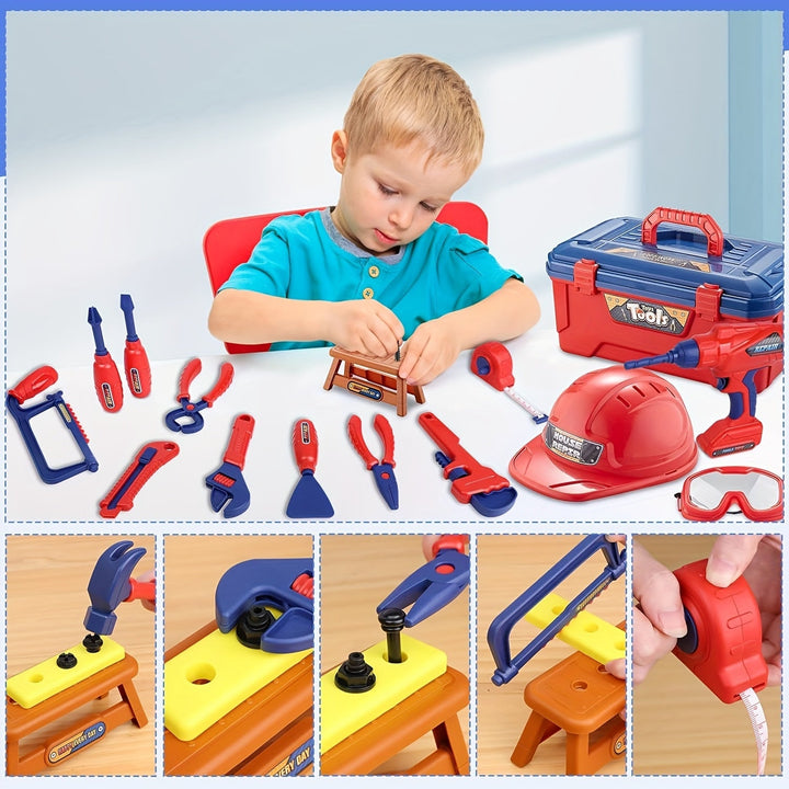 Set complet 48 outils jouets pour enfants : perceuse à piles, casque, clés, pinces. Bricolage ludique.