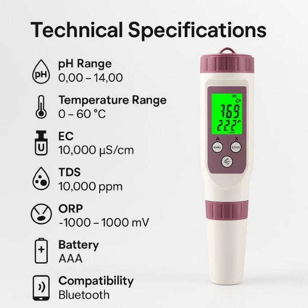 Testeur qualité eau piscine numérique 7-en-1. Simplifie l'entretien, mesure chlore, pH, et plus.