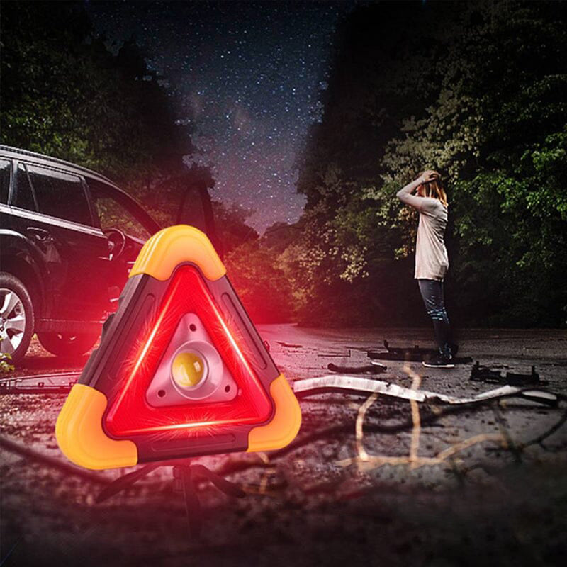 Lumière de secours triangulaire LED pour sécurité routière, haute visibilité nocturne, feu détresse voiture.