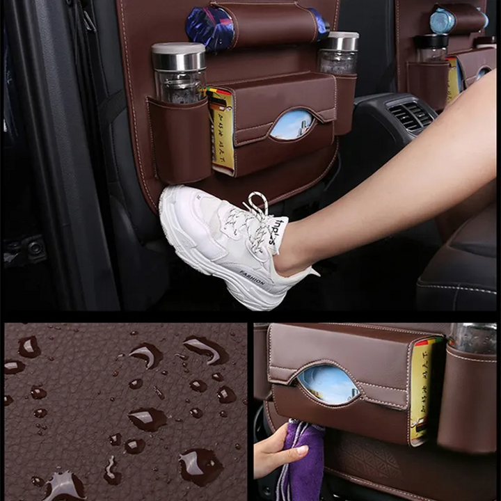 Organiseur de siège auto RoadZen avec tablette repas pliante, idéal pour le divertissement et confort des passagers.