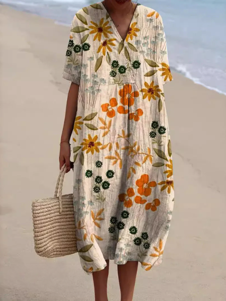 Détail de robe florale femme, tissu fluide, motifs été vibrants, style confort mode.