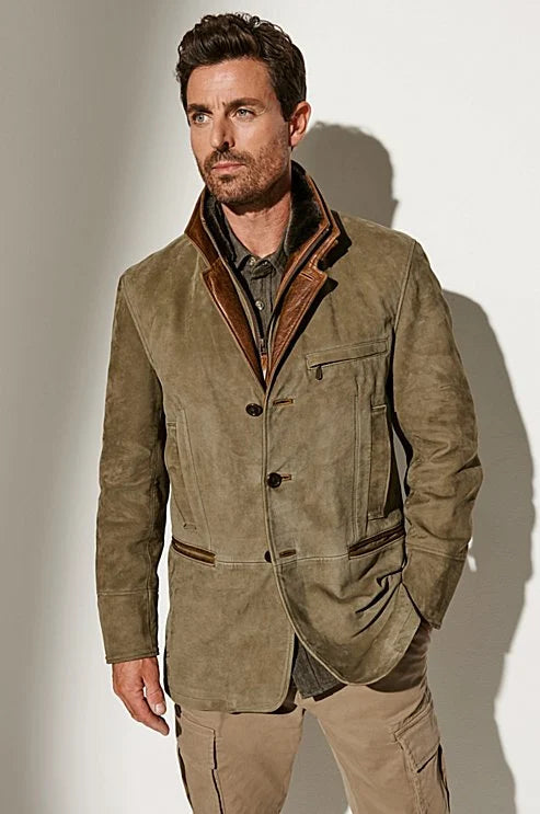 Veste en suède vintage marron pour homme, élégante et chaude. Idéale automne/hiver. Blouson tendance.