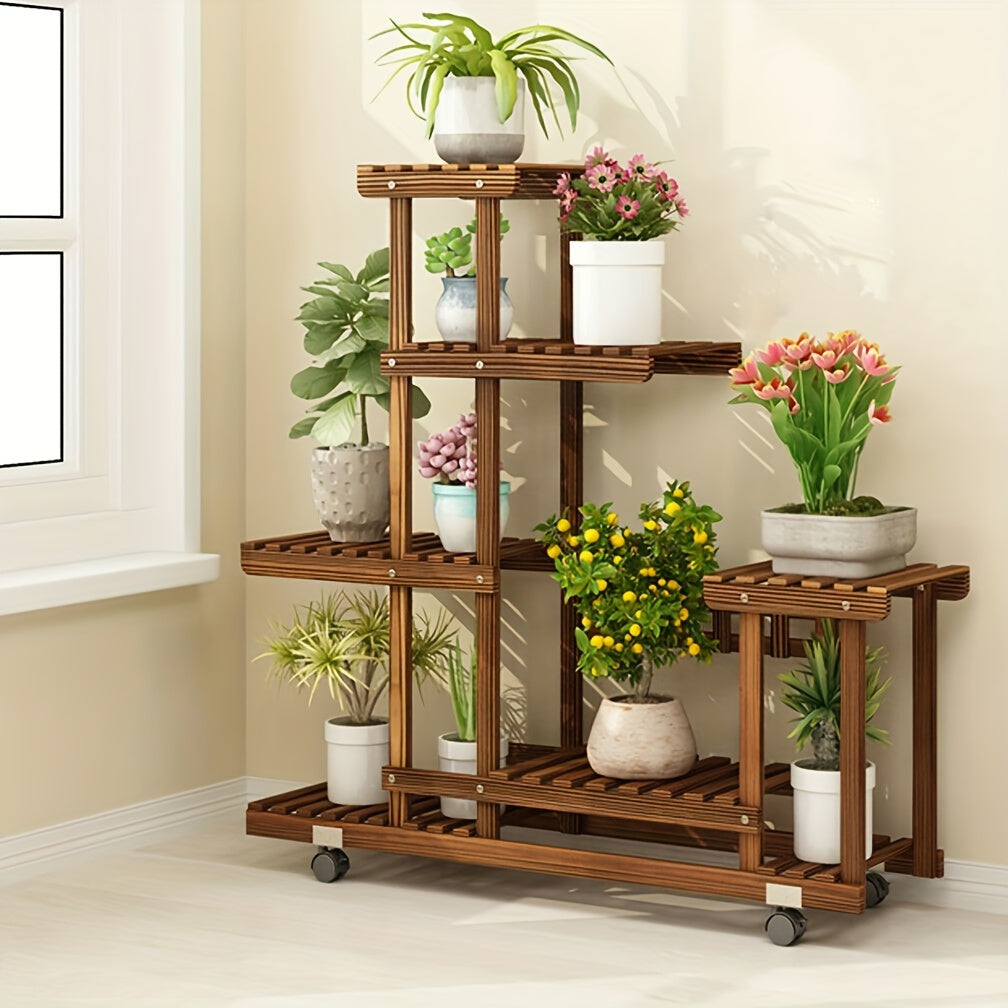 Présentoir à plantes robuste en bois carbonisé pour intérieur, idéal pour plantes et décoration.