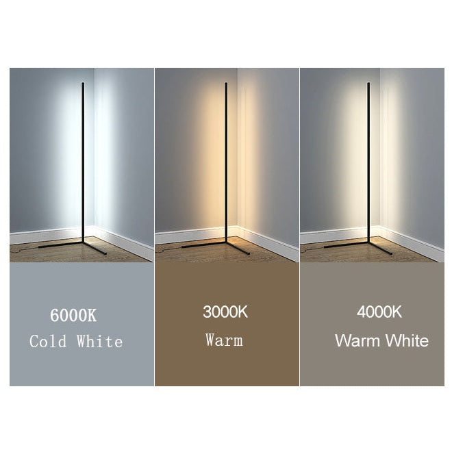 Lampe d'angle LED minimaliste pour salon, éclairage dimmable créant une ambiance unique.