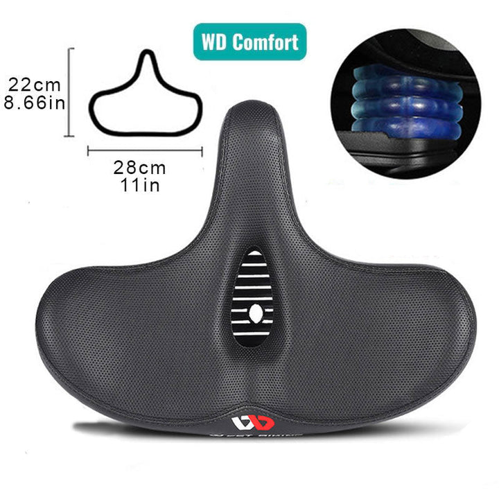 Selle de vélo confortable avec assise large pour réduire la pression et améliorer le confort.