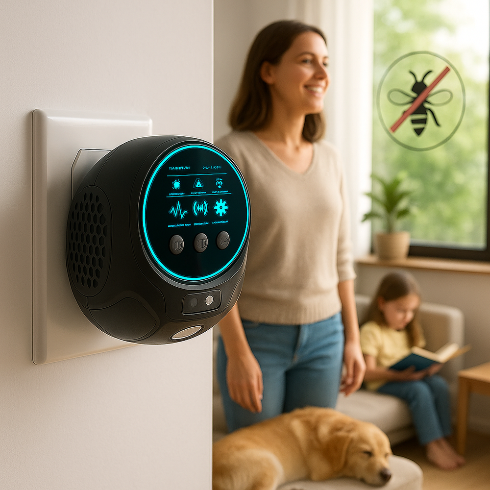Appareil répulsif ultrasonique 360° efficace contre abeilles et frelons, idéal extérieur sans produits.