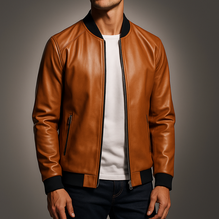 Blouson aviateur homme, col montant et fermeture éclair. Veste élégante style urbain pour mode masculine décontractée.