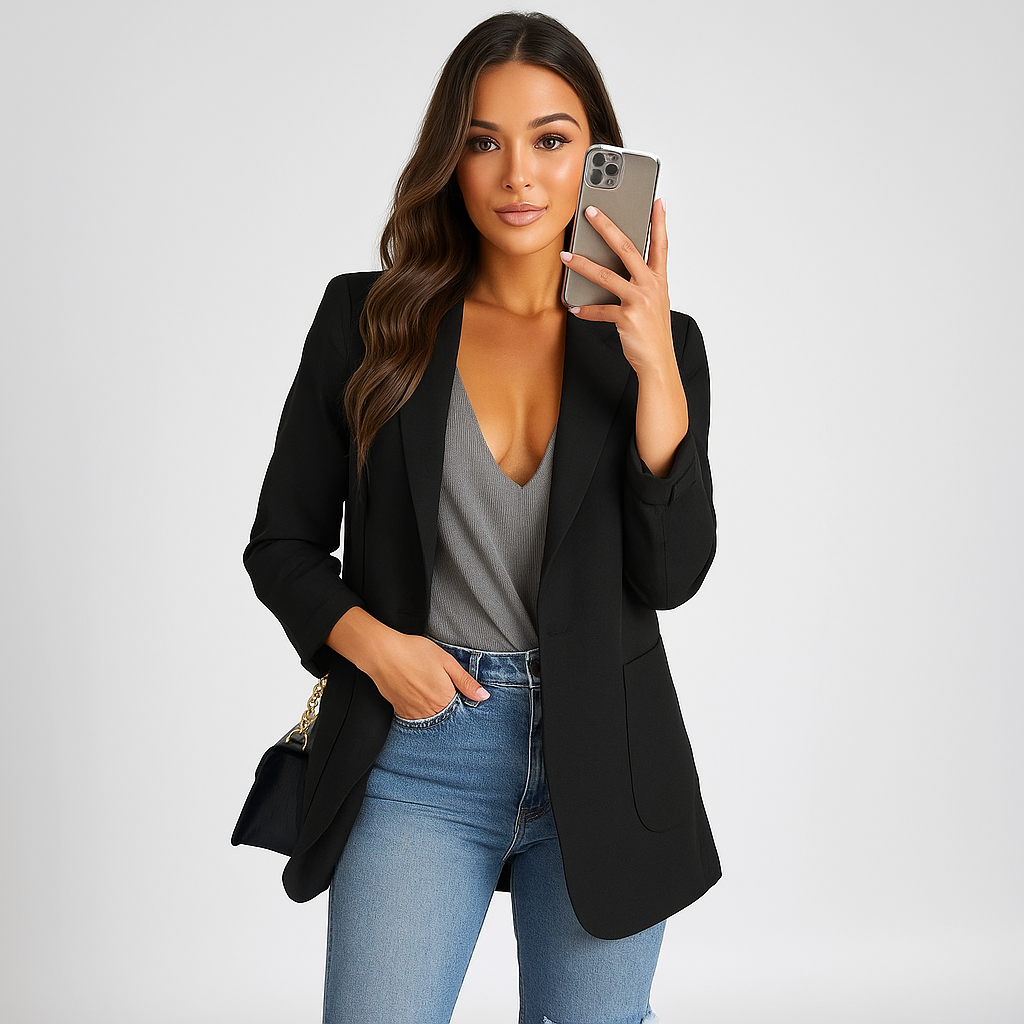 Blazer droit pour femme, couleur neutre, style moderne et polyvalent. Parfait pour une tenue élégante automne.