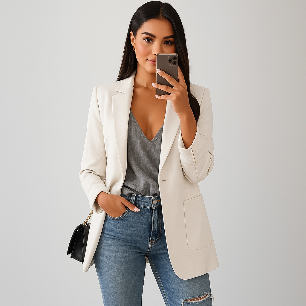 Blazer droit tendance pour femmes. Vêtement de mode féminine, design élégant et décontracté. Look moderne.