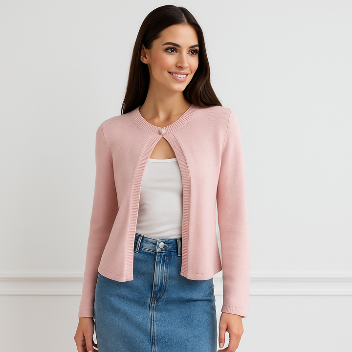 Cardigan femme élégant à manches longues, idéal pour une tenue de bureau chic. Gilet court polyvalent automne.