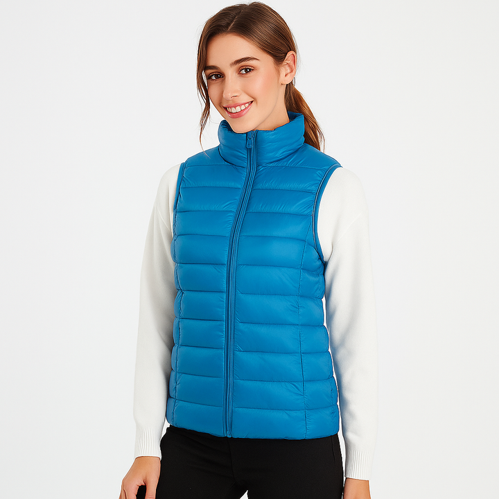 Détail du gilet matelassé léger femme, coutures fines et finition de qualité, style moderne.