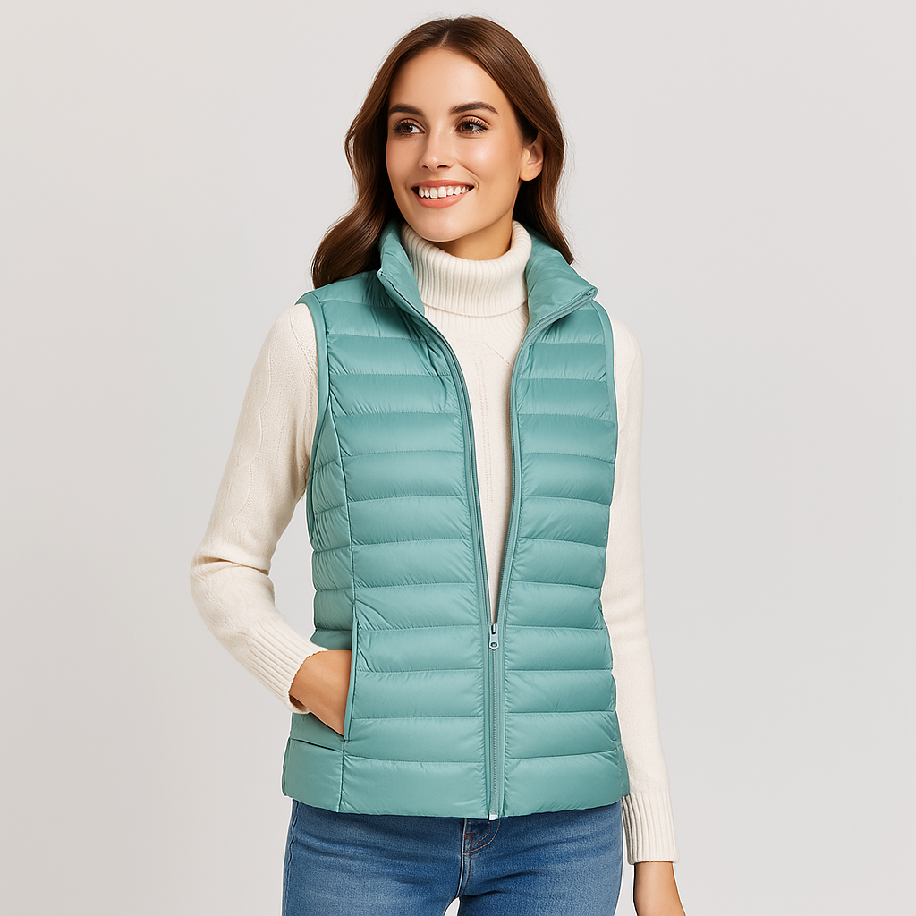 Gilet matelassé femme vue de face, style décontracté, fermeture éclair et poches pratiques.