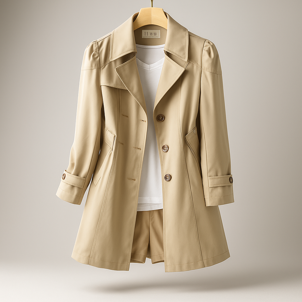 Trench-coat femme chic et intemporel, idéal pour tenue formelle ou décontractée.