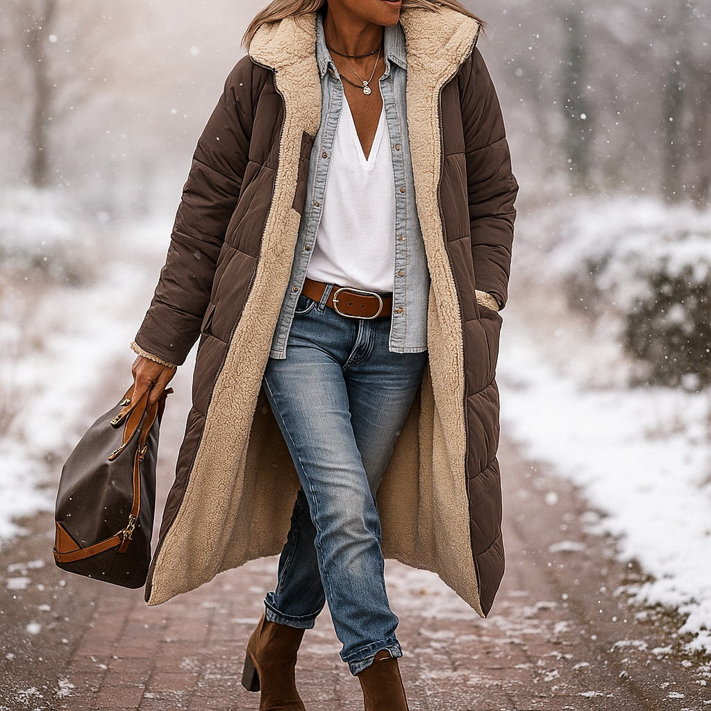 Manteau long Greta matelassé, alliant confort, chaleur et design mode pour les femmes durant l'hiver froid.