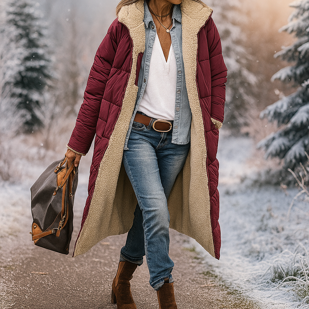 Veste longue matelassée Greta, polyvalente et chaude, parfaite pour les femmes en automne-hiver avec style.
